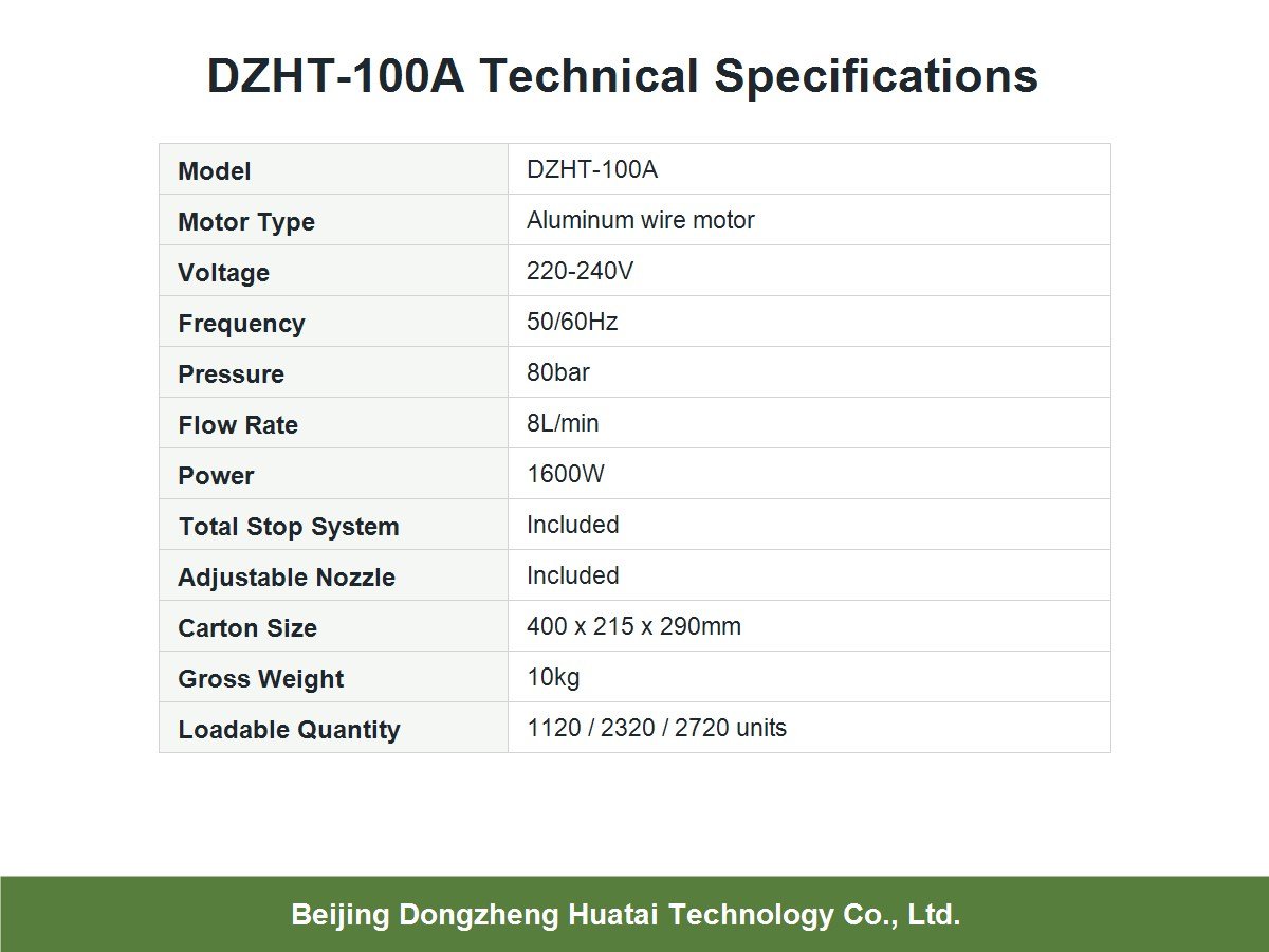 technical specifications of DZHT-100A pressure washer