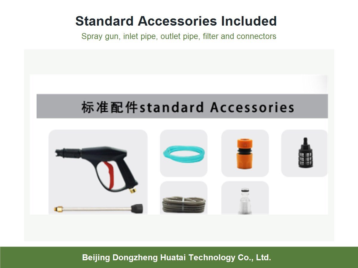standard accessories for portable high pressure washer including spray gun and hoses