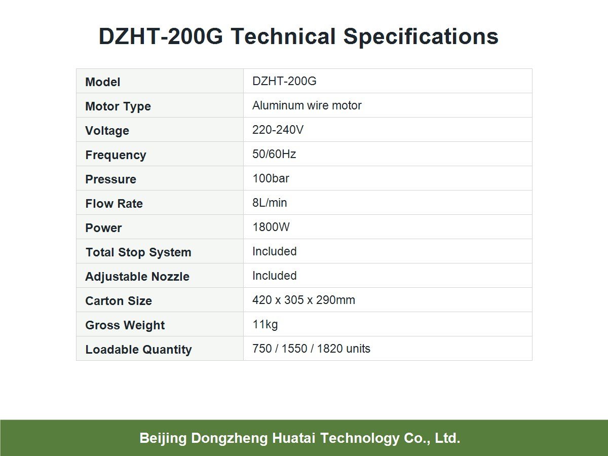 technical specifications of DZHT-200G pressure washer